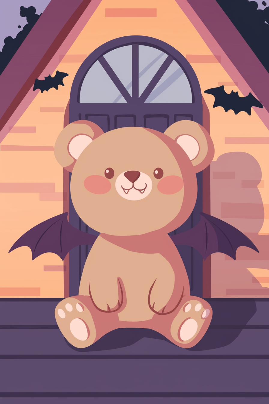 halloween cute animals drawings 2, a cute image featuring a bear with bat wings sitting on a porch with a spooky backdrop.